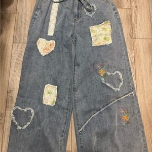 POL Patchwork Wide Leg Denim Pants Embroidered Hearts Floral Size M NEW
